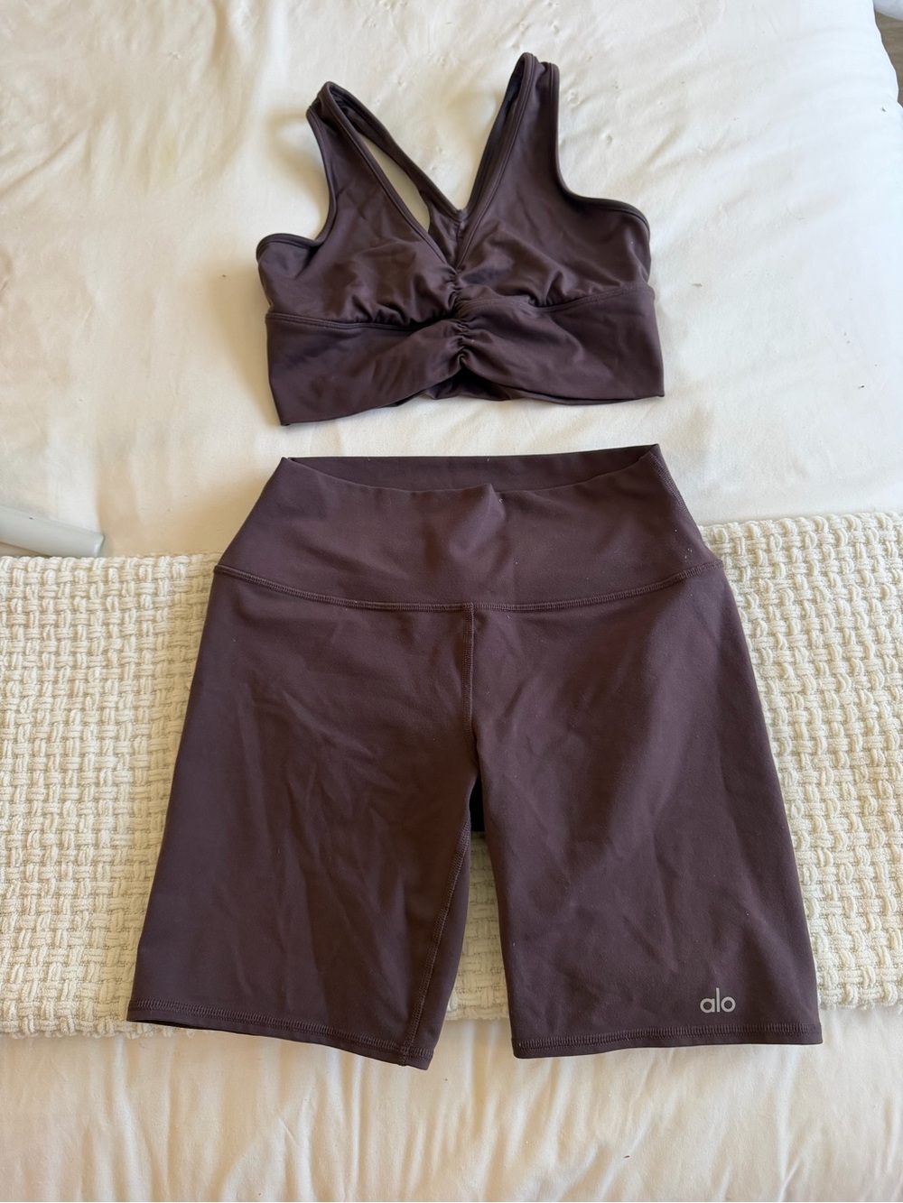 ALO Yoga High-Rise Bike Shorts and Matching Crop Top in Brown